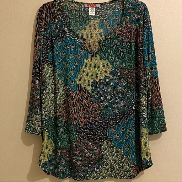 Women’s Carol Rose Blouse Peacock Pattern Multicolor 3/4 Sleeve Size 1X Pullover - Picture 1 of 10